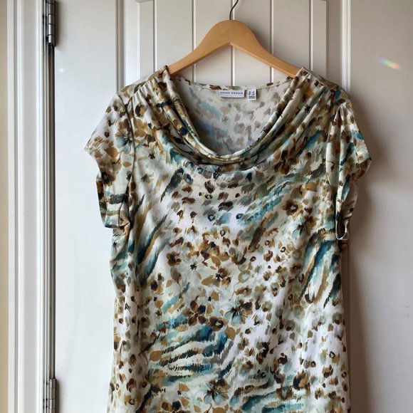 Susan Graver Tops - Brown/Teal Water Color Short Sleeved Knit  Top